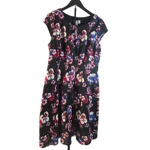 Elle Womens XL Black Floral Cap Sleeve Pleated Textured Knit A-Line Dress